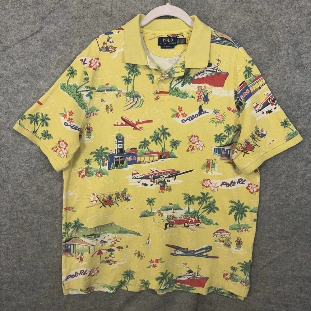 Polo Ralph Lauren Polo Bear Polo Shirt Mens XL Yellow Aloha Cotton